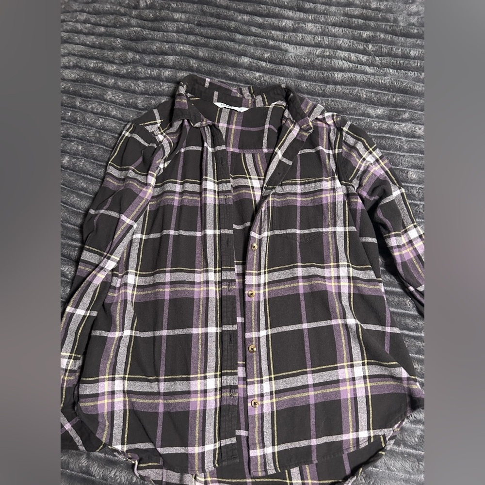 Sonoma Women’s Casual Black and Purple Plaid Shirt